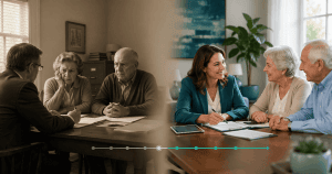 An illustration showing the evolution of elder law, from a mid-century uncertain scene to a modern, compassionate elder law attorney meeting with a senior couple in Cleveland Ohio